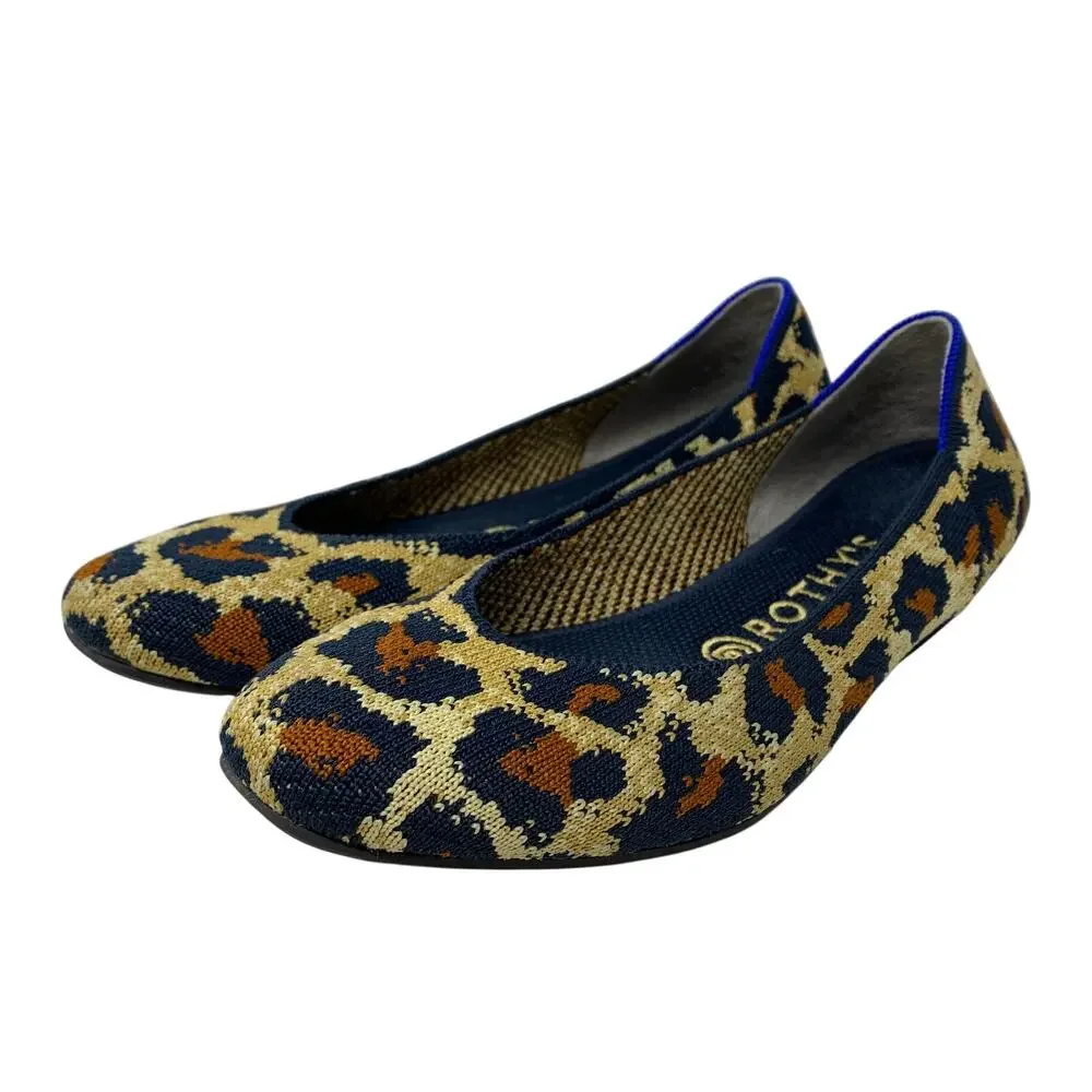 Rothys The Flat Round Toe In Midnight Spot Womens Size 8 Slip On Flats Leopard